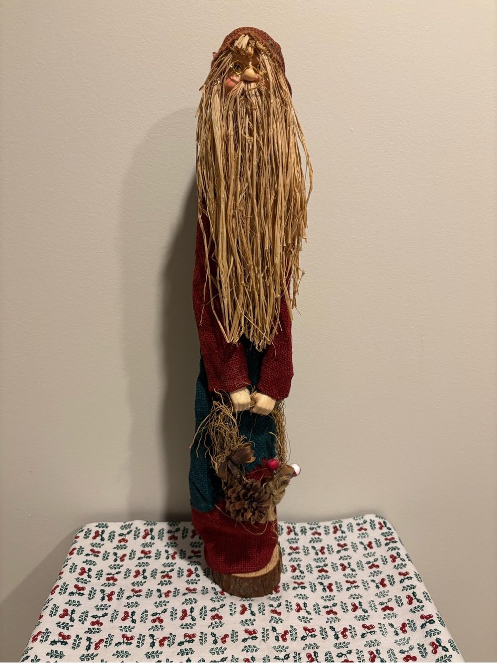 Rustic Holiday Santa Figurine with Straw Beard - Red & Green